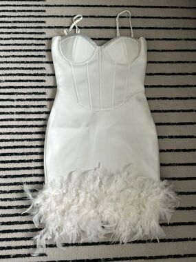 White Feather-Hem Bustier Mini Dress